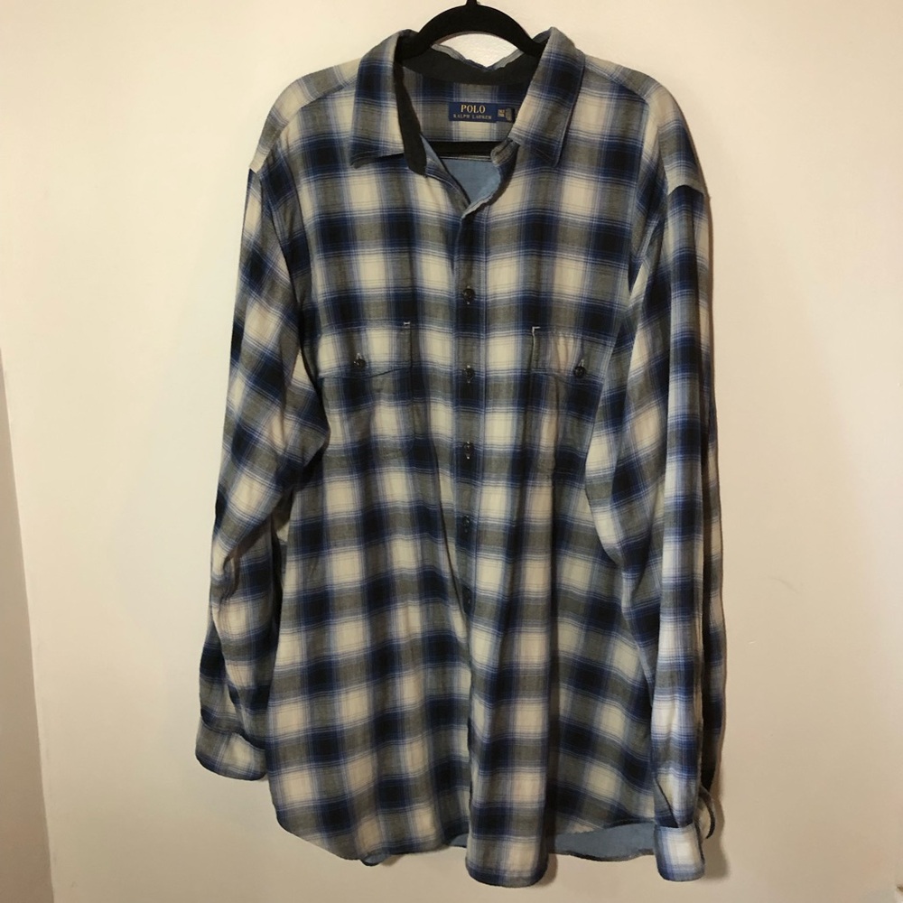 Polo Ralph Lauren blue white ombre check cotton flannel button-down shirt 2XLT